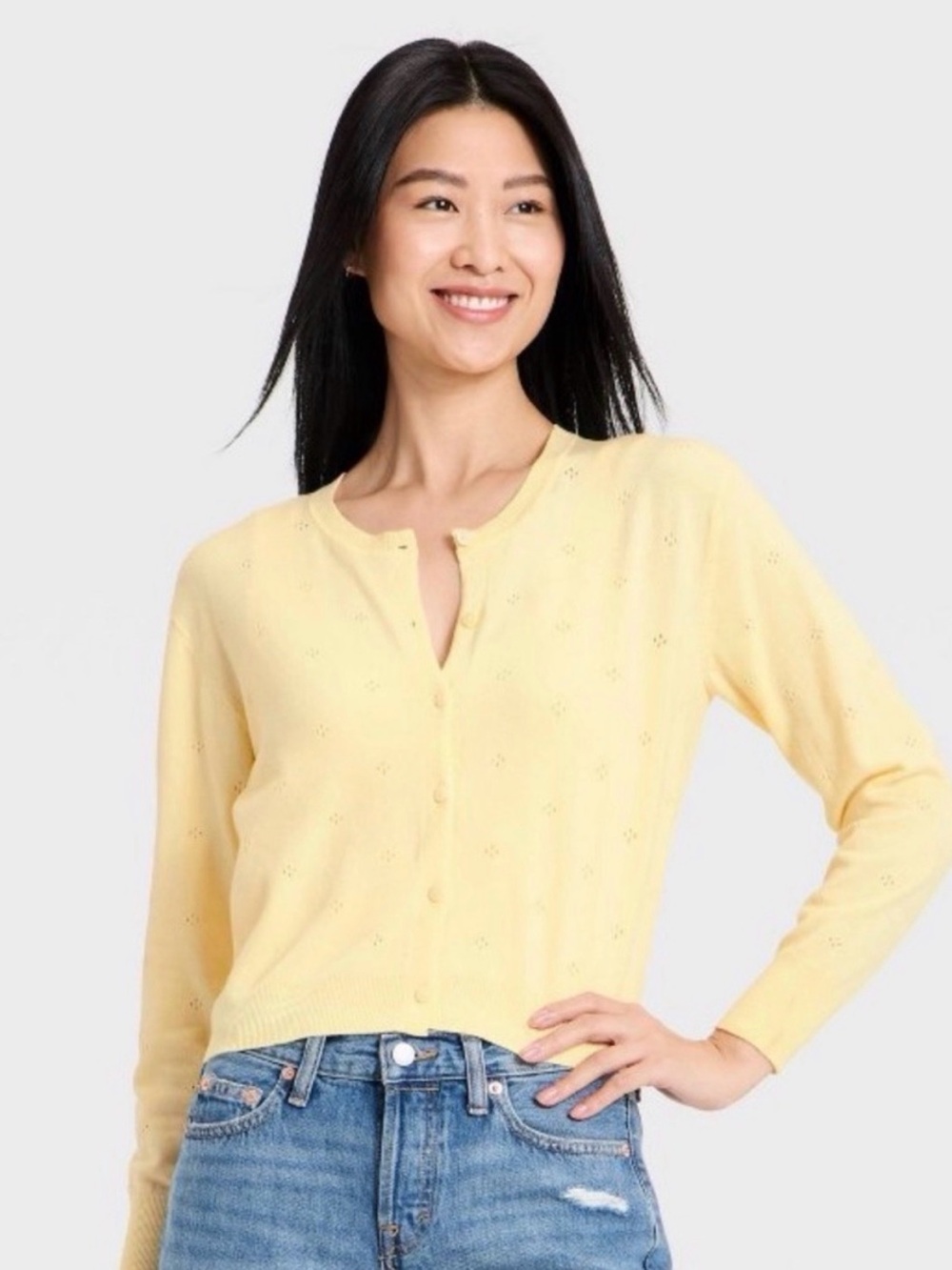 Target Pale Yellow Women's Button-Front Eyelet Cardigan